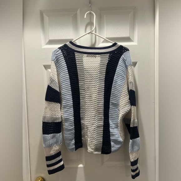 Express Woman’s Varsity V-Neck Sweater. White and blue. Size small. - Picture 2 of 6